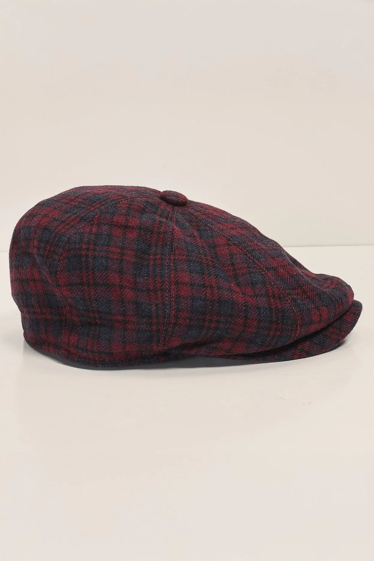 Wool Blend Plaid Newsboy Cap - Burgundy