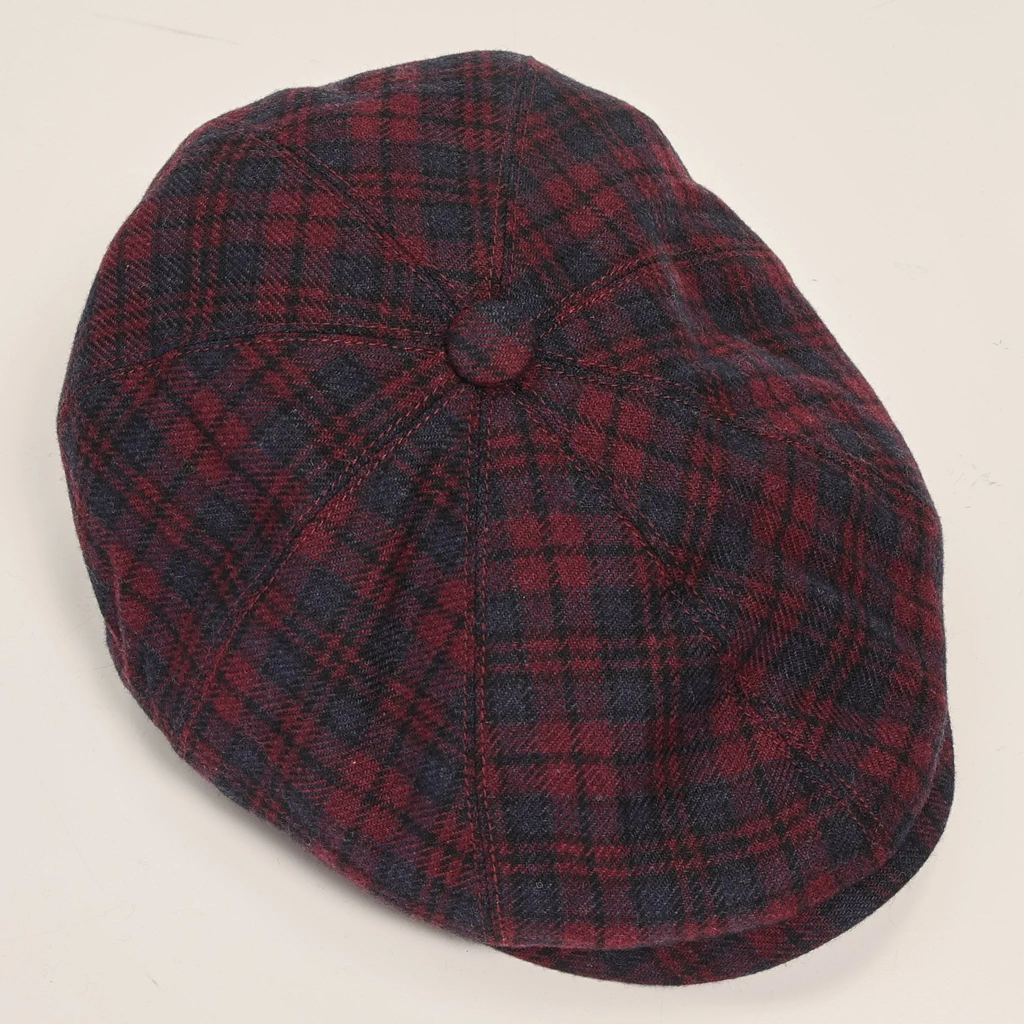Wool Blend Plaid Newsboy Cap - Burgundy
