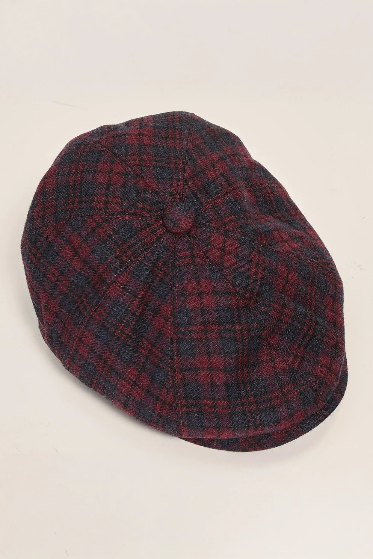 Wool Blend Plaid Newsboy Cap - Burgundy