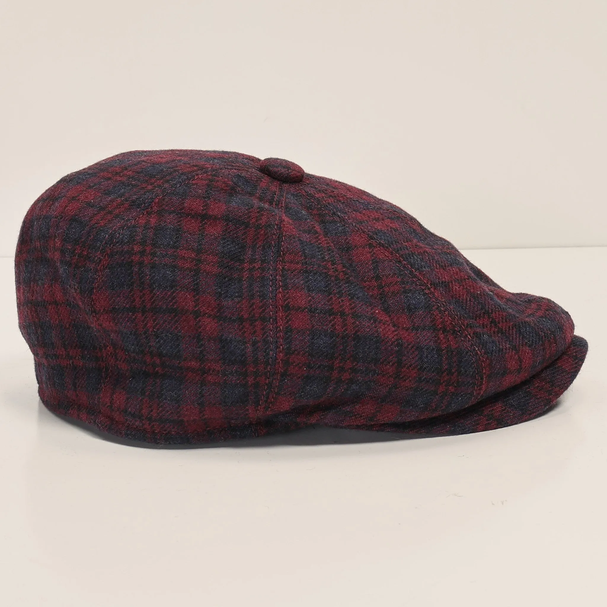 Wool Blend Plaid Newsboy Cap - Burgundy