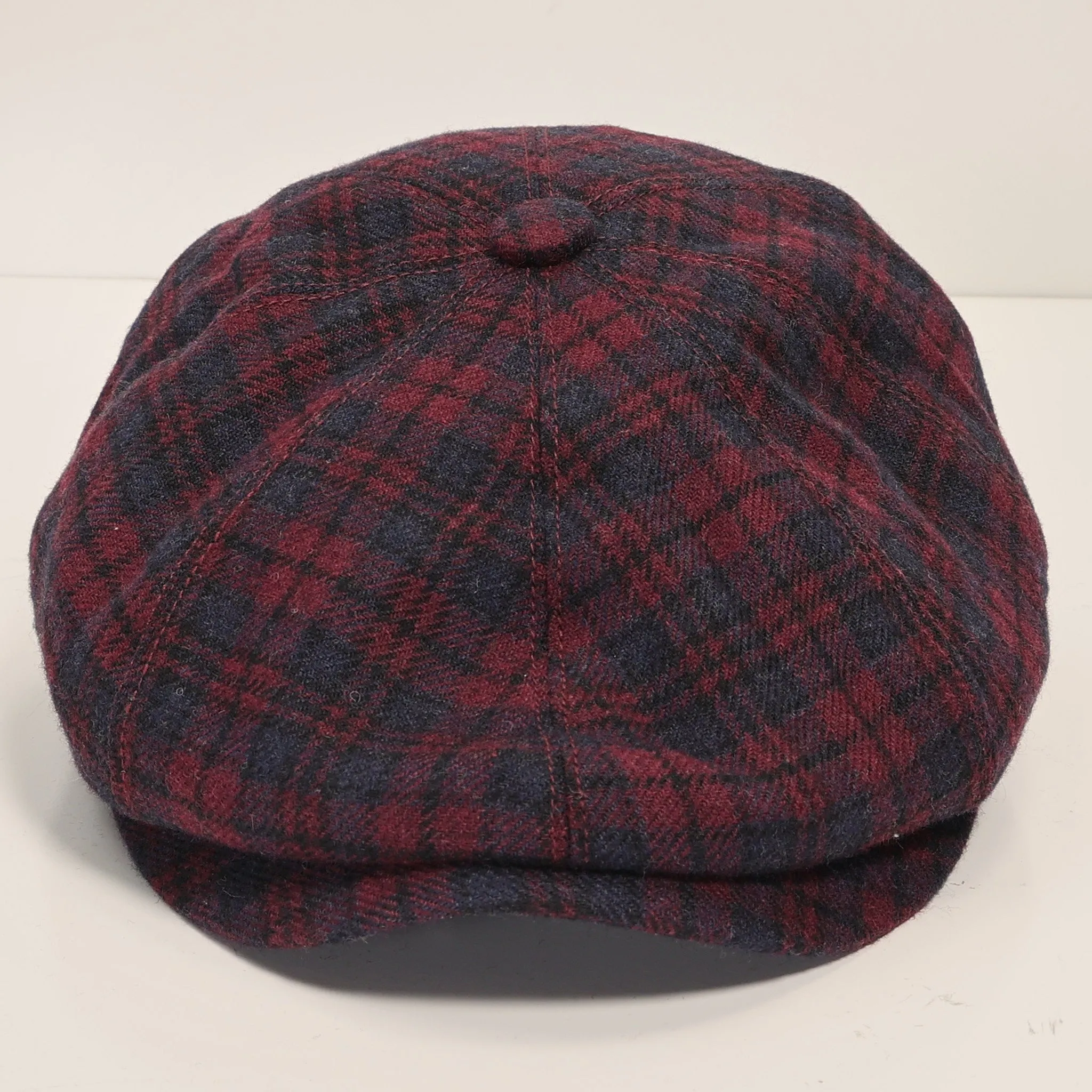 Wool Blend Plaid Newsboy Cap - Burgundy