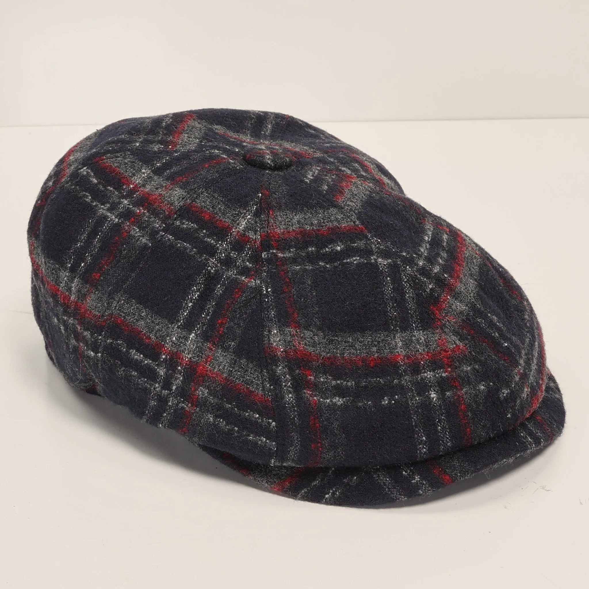 Wool Blend Windowpane Newsboy Cap - Black Grey