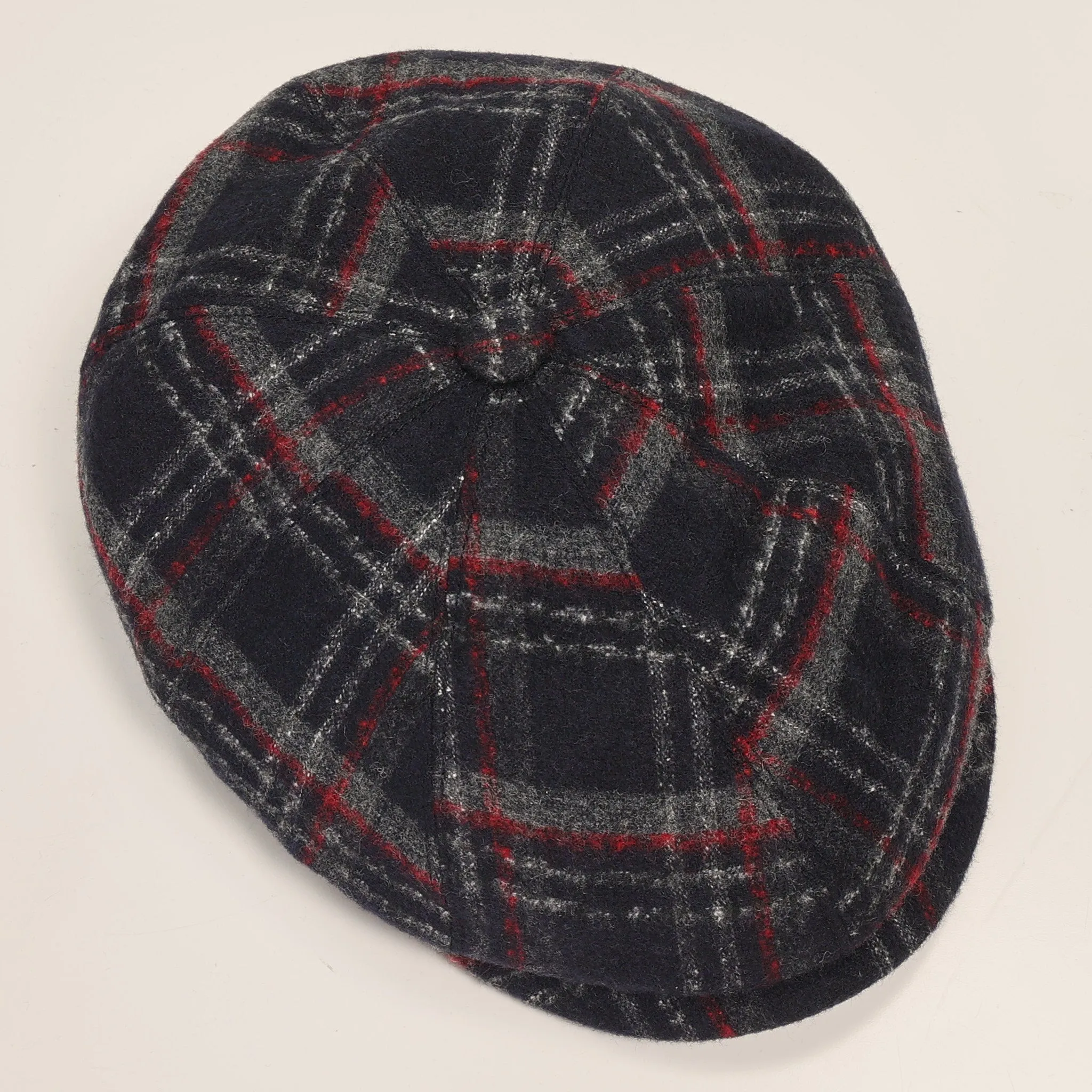 Wool Blend Windowpane Newsboy Cap - Black Grey