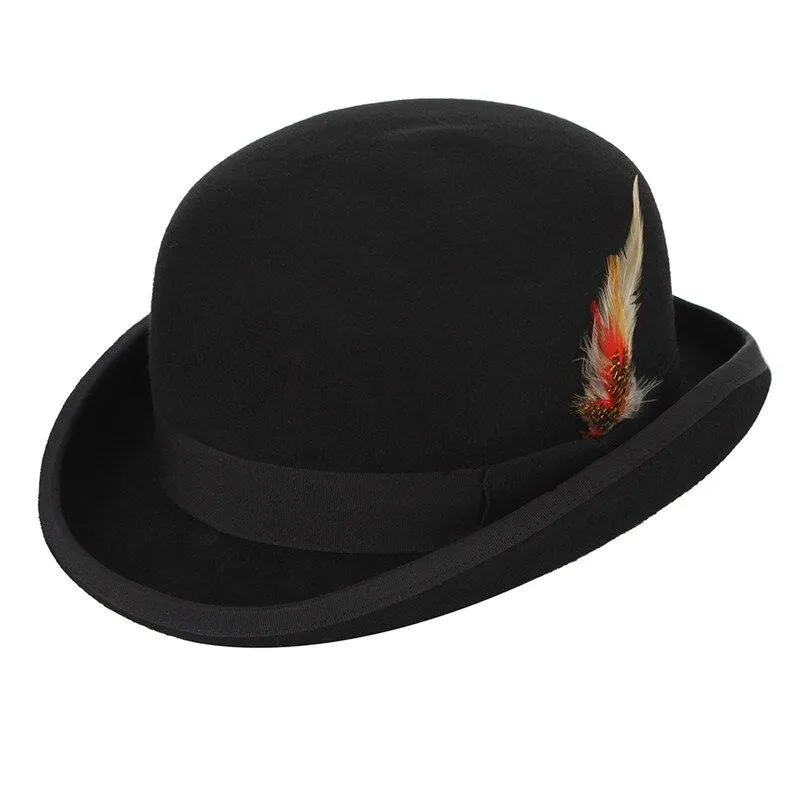 Wool Felt Black Bowler Hat With Feather