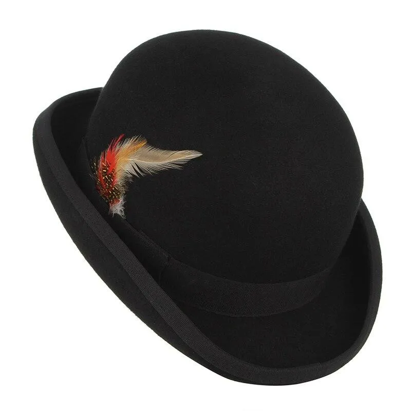 Wool Felt Black Bowler Hat With Feather
