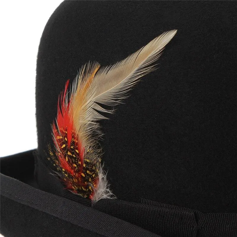 Wool Felt Black Bowler Hat With Feather