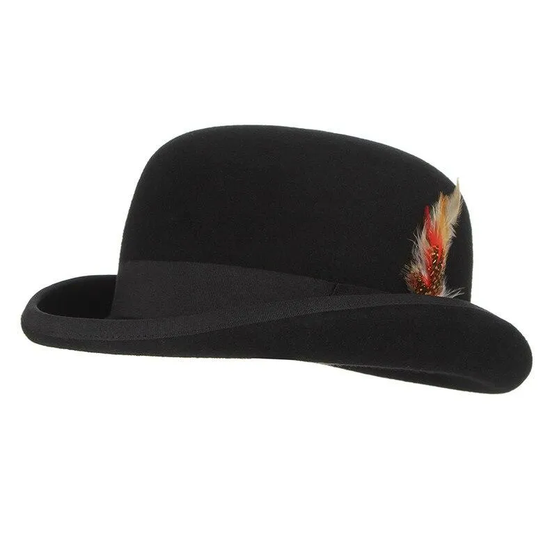Wool Felt Black Bowler Hat With Feather