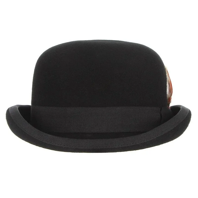 Wool Felt Black Bowler Hat With Feather